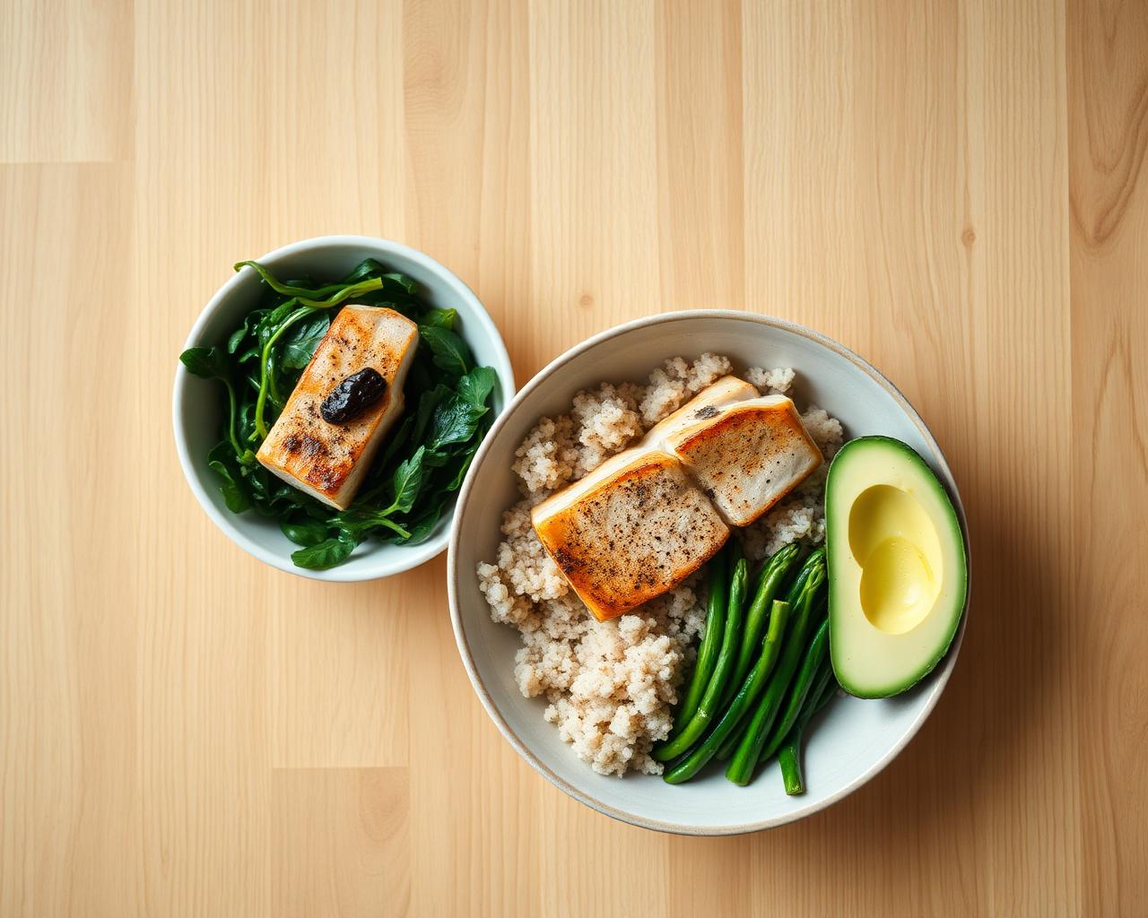 Balanced meal of grilled fish, greens, brown rice and avocado