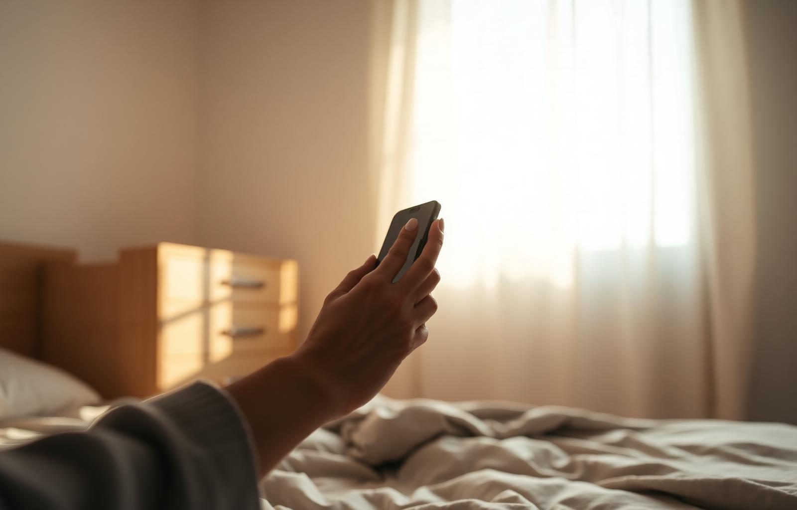 Person checking phone by the window in soft morning light